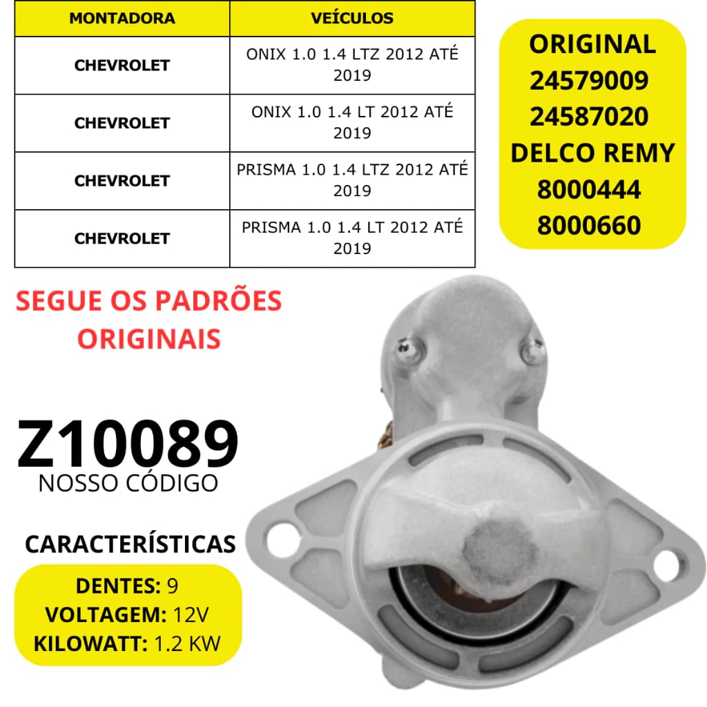 Motor de Arranque 9d Partida Para Chevrolet Prisma Lt Ltz 1.0 1.4 Onix Lt Ltz 1.0 1.4 2012 Até 2019