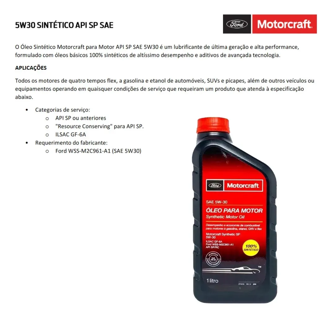 Oleo 5W30 Sintético API SP SAE MOTOCRAFT + Filtros Ford Ka New Fiesta Ecosport